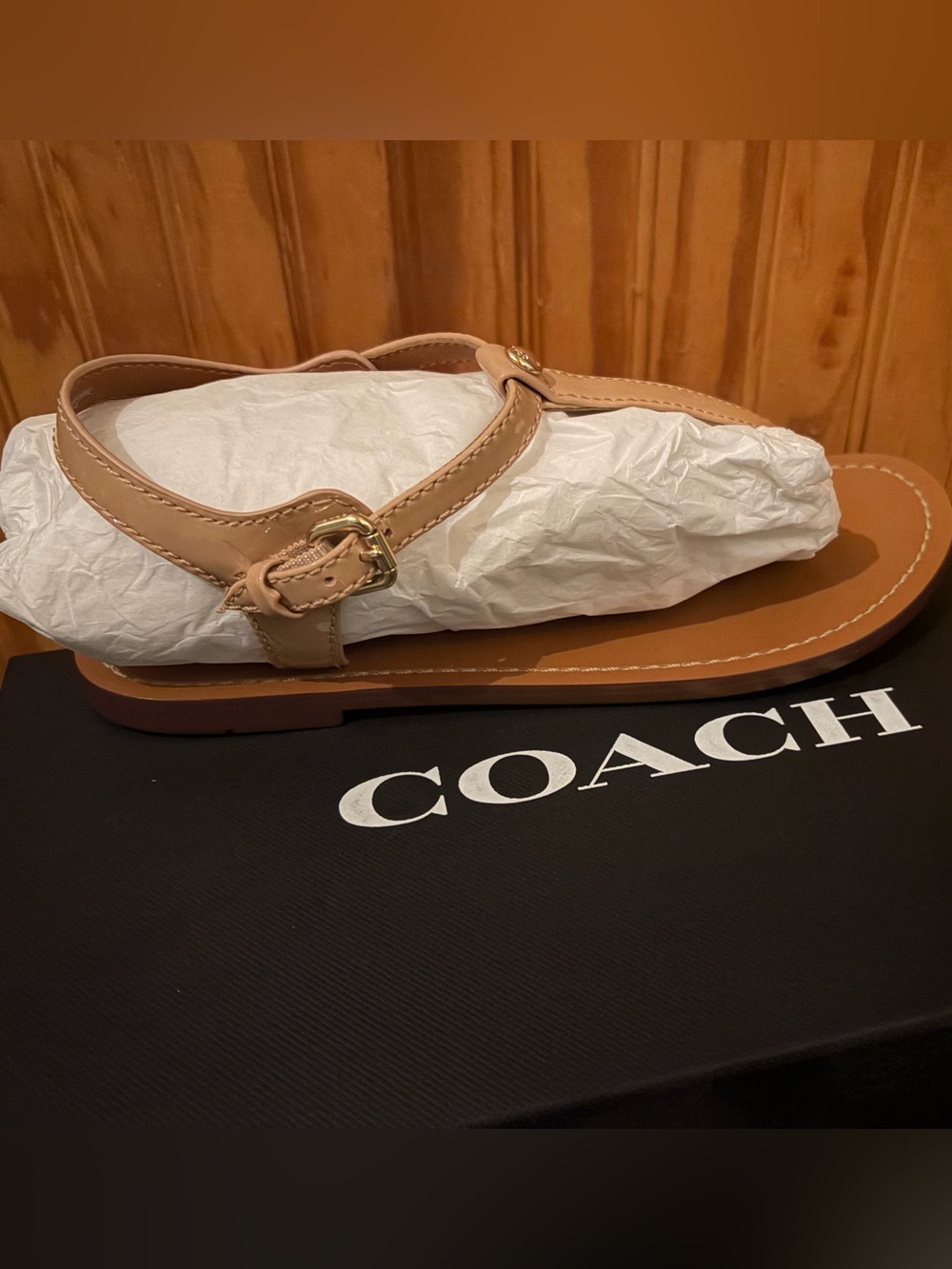 Coach Women's Beige/Tan Leather T-Strap Sandals with Gold Buckle